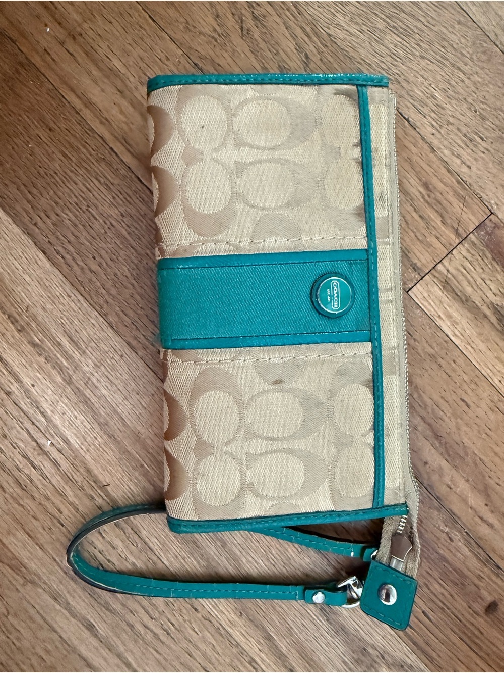 Coach Khaki Canvas Wristlet with Teal Trim